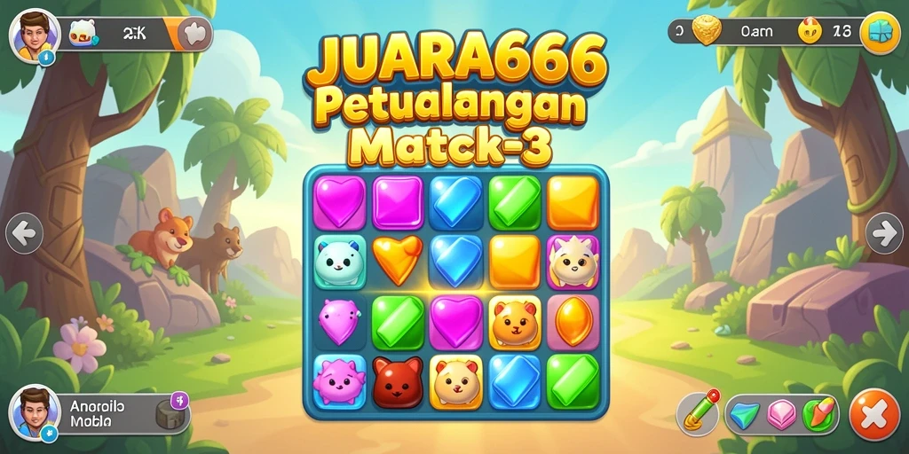 Tampilan gameplay seru dalam JUARA666, menunjukkan aksi Match-3 yang menarik.