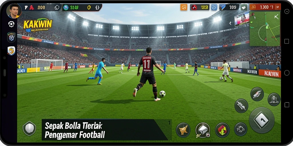 Screenshot gameplay KAKWIN menampilkan aksi mendebarkan di lapangan sepak bola.