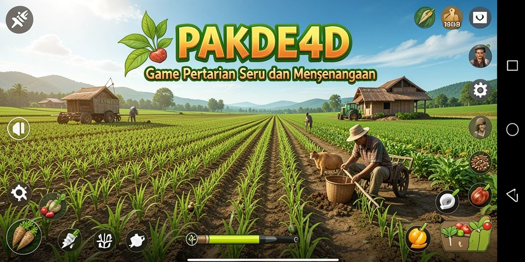 Tangkapan layar gameplay PAKDE4D menampilkan ladang subur dan hewan ternak yang lucu.