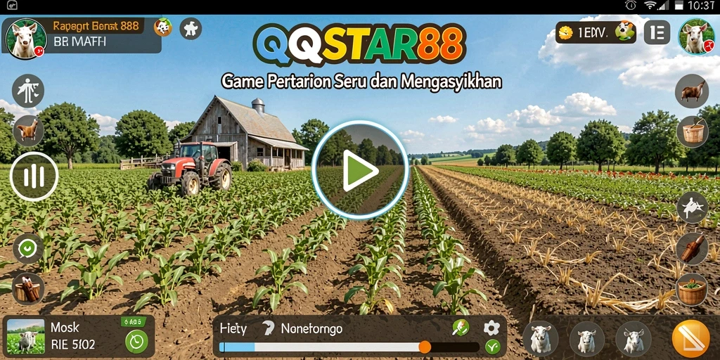 Tampilan gameplay <strong>QQSTAR88</strong> yang menarik dengan suasana pertanian yang hidup.