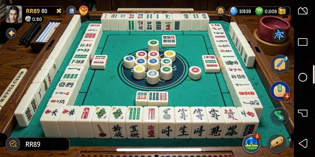 Tangkapan layar gameplay RR89 dengan desain ubin Mahjong yang menarik.