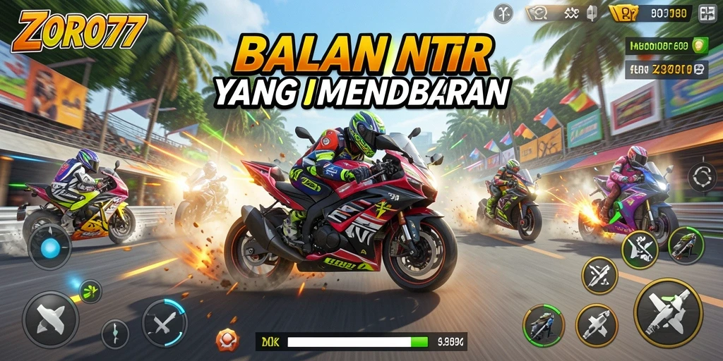 Tampilan gameplay ZORO77 dengan balapan motor yang seru dan realistis.